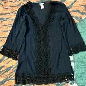 La Blanca 100% Cotton Black Cover-Up Tunic with Lace Detail